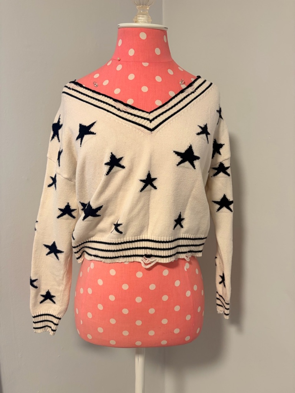 Women's Cream Star V-Neck Sweater with Navy Stars